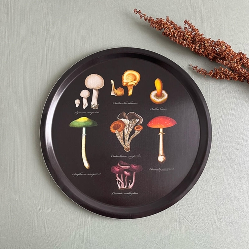 Beautiful round serving tray with mushrooms