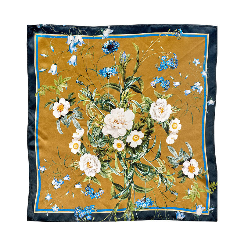 Silk scarf Gold 50 cm Blue Flower Garden