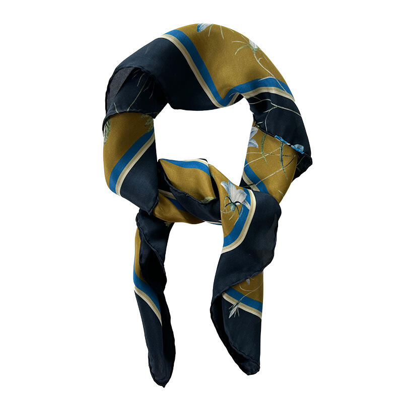SILK SCARF - Blue Flower Garden JL - Gold 50 cm