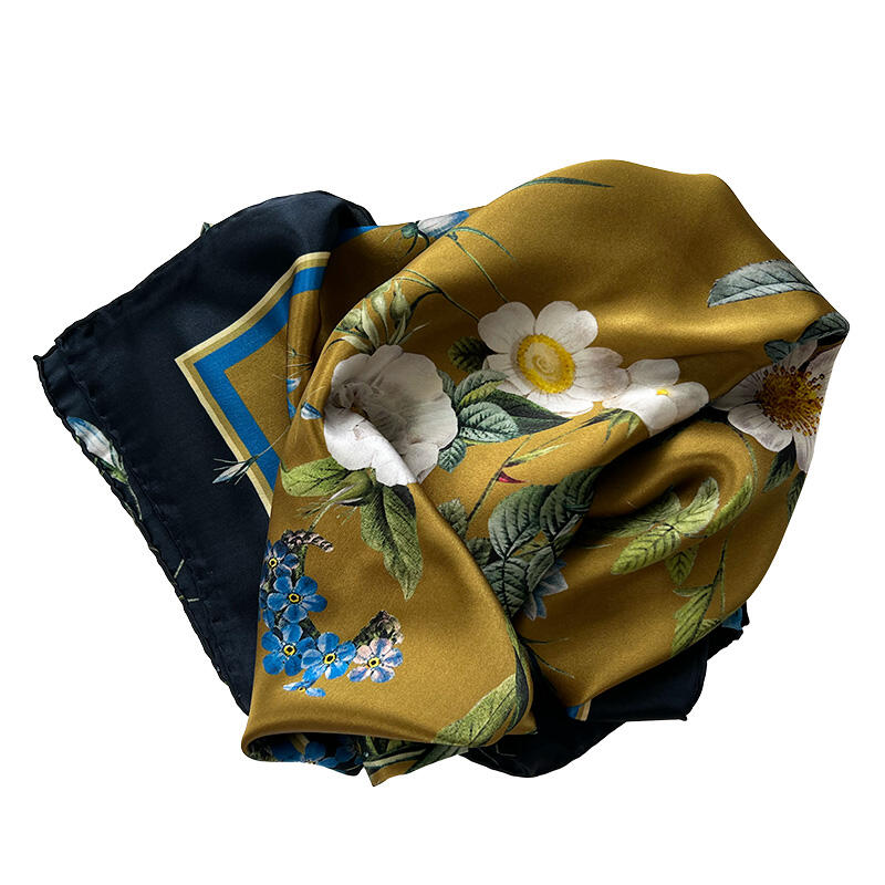 SILK SCARF - Blue Flower Garden JL - Gold 50 cm