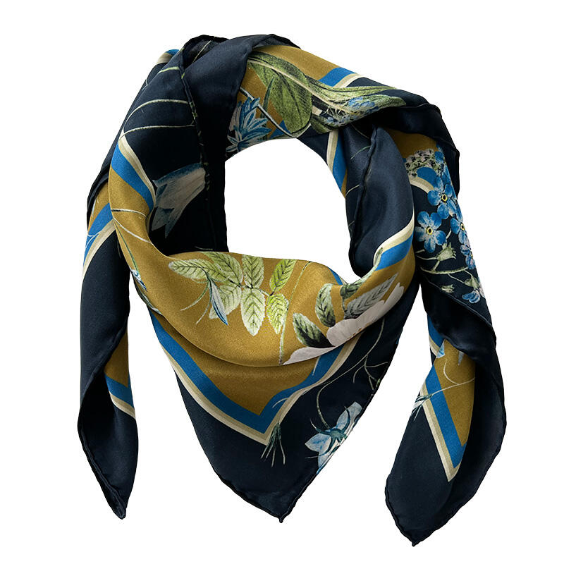 SILK SCARF - Blue Flower Garden JL - Gold 90 cm