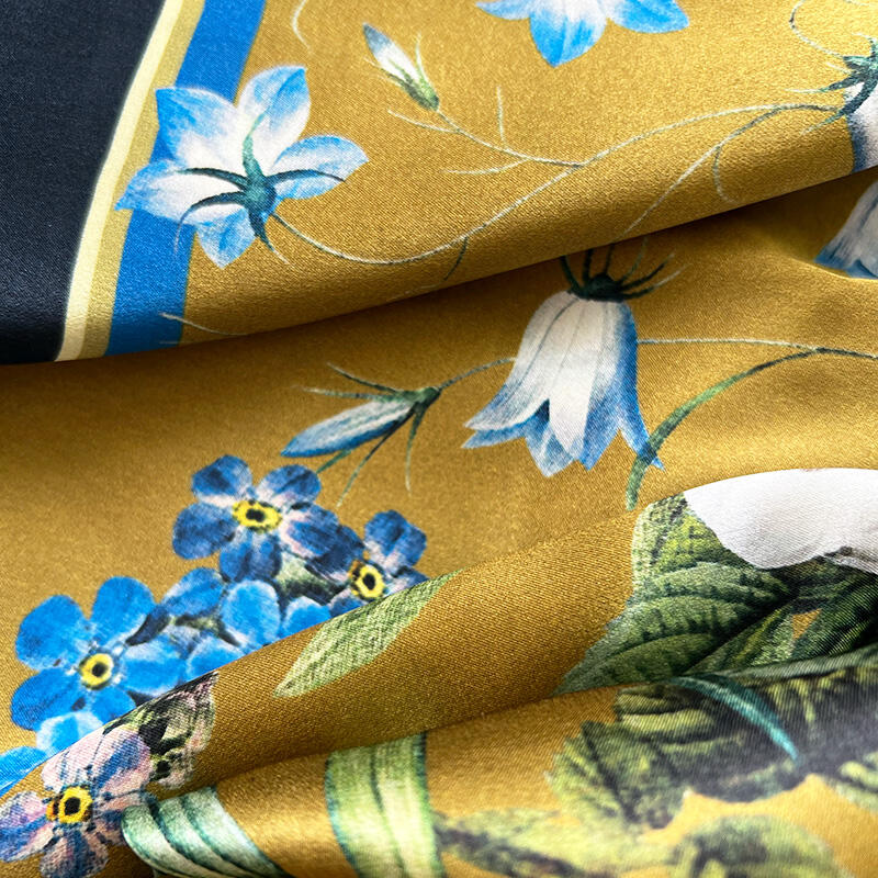 SILK SCARF - Blue Flower Garden JL - Gold 90 cm