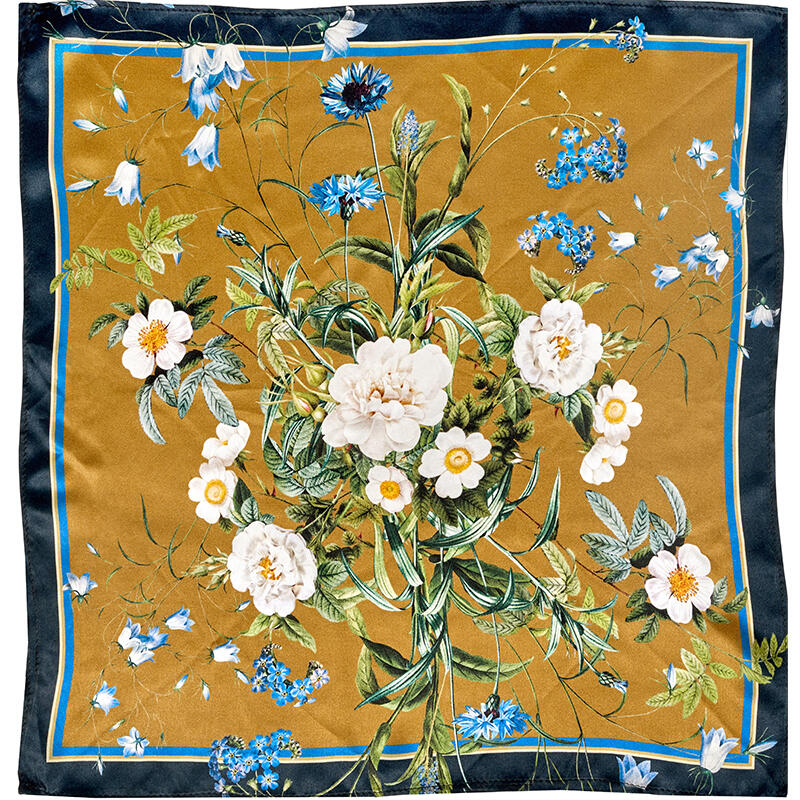 Silk scarf Gold 100 cm Blue Flower Garden