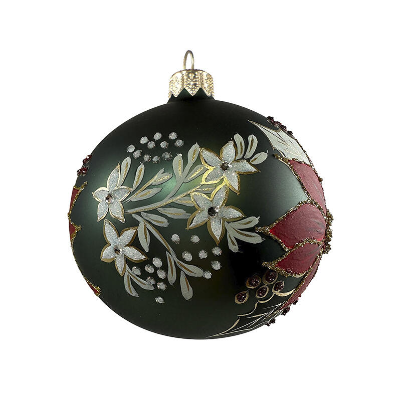 GLASS BAUBLE - Green/Red Poinsettia