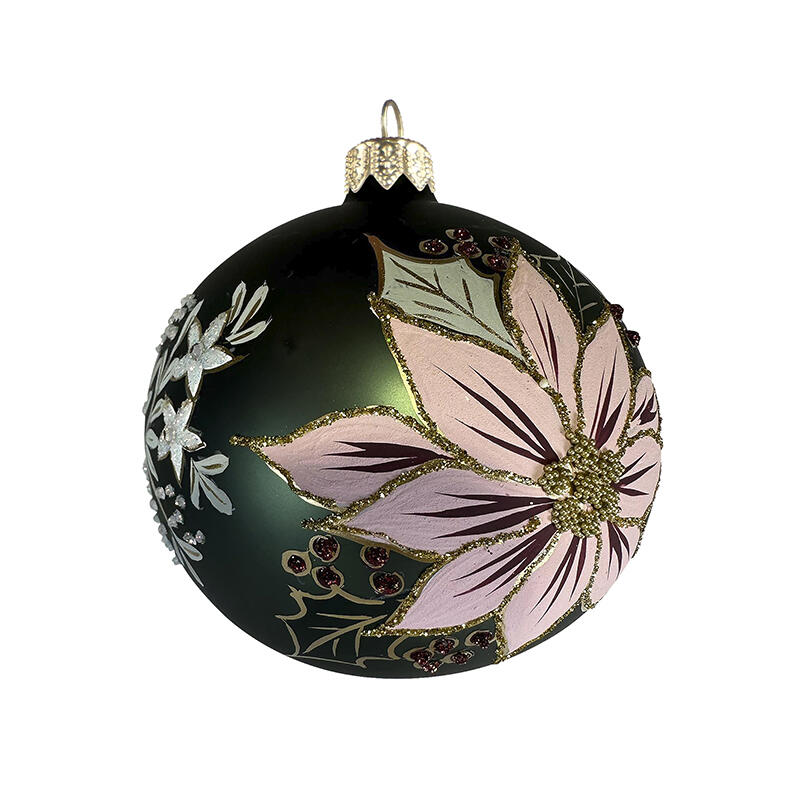 Glass bauble - Green/pink poinsettia
