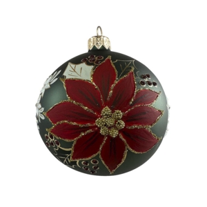 GLASS BAUBLE - Green/Red Poinsettia